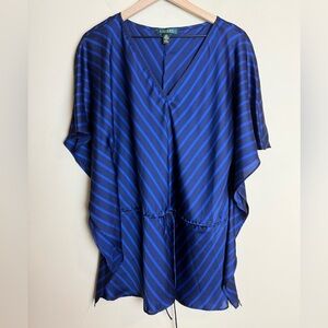 Lauren Ralph Lauren Womens Satin Striped Caftan Tie Waist Blouse Top L/XL Blue